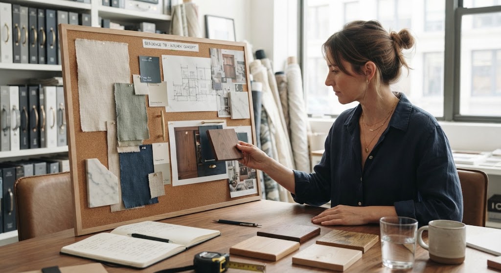 Designer reviewing custom cabinet lead times and design.