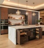 Modern kitchen cabinet showroom layout with custom islands and displays in New York