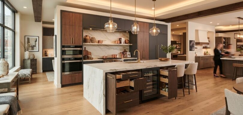 Modern kitchen cabinet showroom layout with custom islands and displays in New York