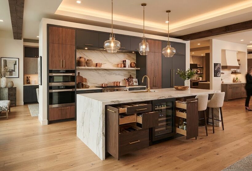 7299fd4e-32d2-47f8-9dc9-0384279c6402 Modern kitchen cabinet showroom layout with custom islands and displays in New York