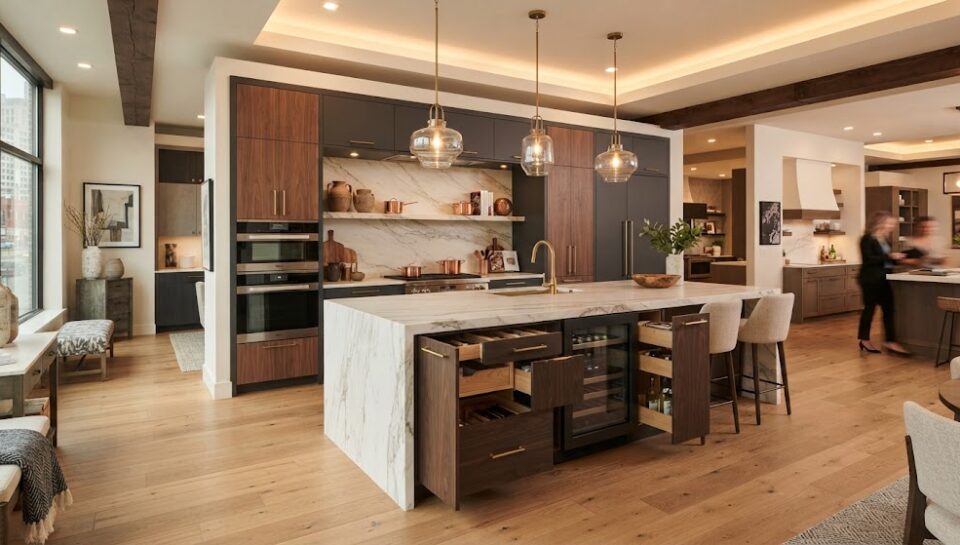 Modern kitchen cabinet showroom layout with custom islands and displays in New York