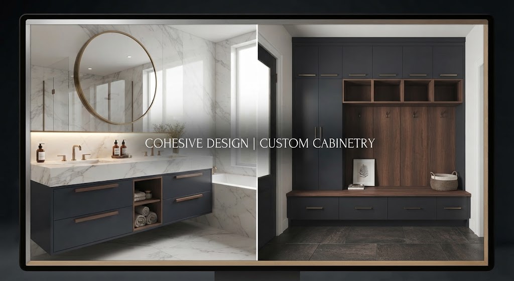 Custom kitchen and matching mudroom cabinetry design for whole-home remodeling.
