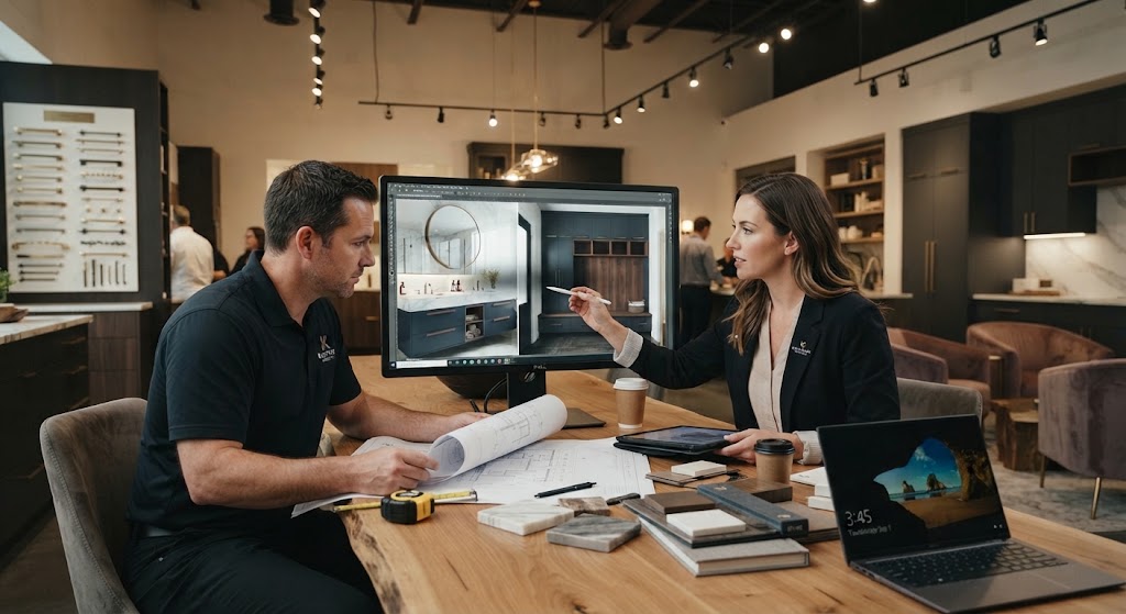 Kitchen showroom designer collaborating with contractor on custom cabinet order