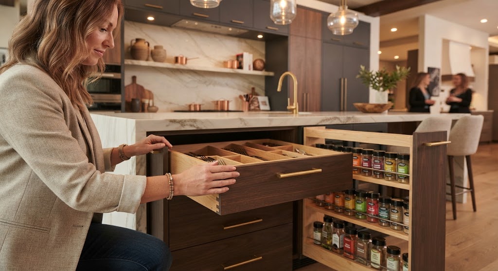 Customer interacting with functional soft-close cabinet drawers in a kitchen showroom display optimized to drive kitchen showroom sales.