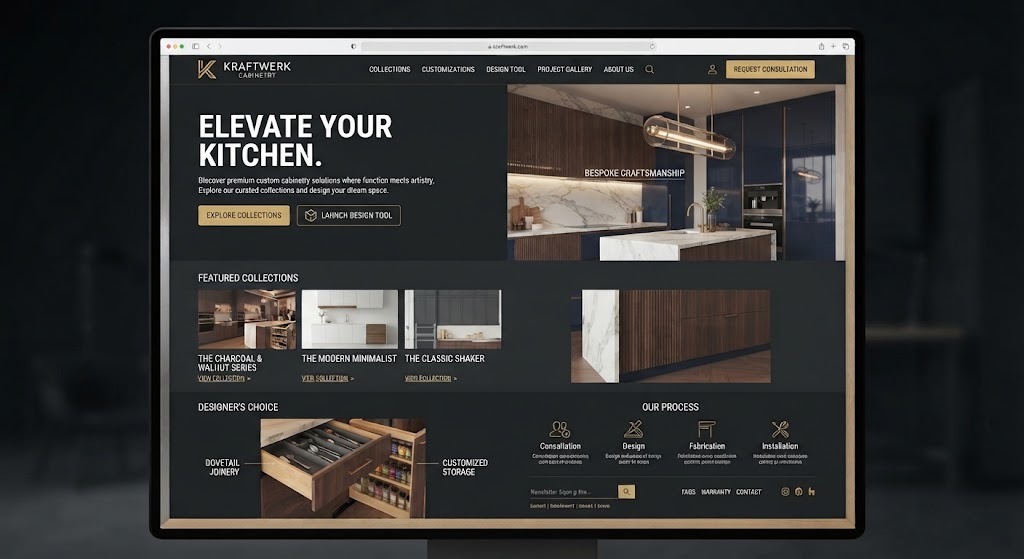 Kitchen cabinet showroom website mockup.